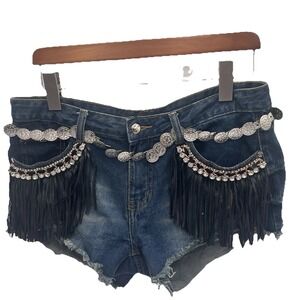 SPARKLE Women Shorts Size 13 Blue Cotton Denim Fringe, Rhinestones, Detailed